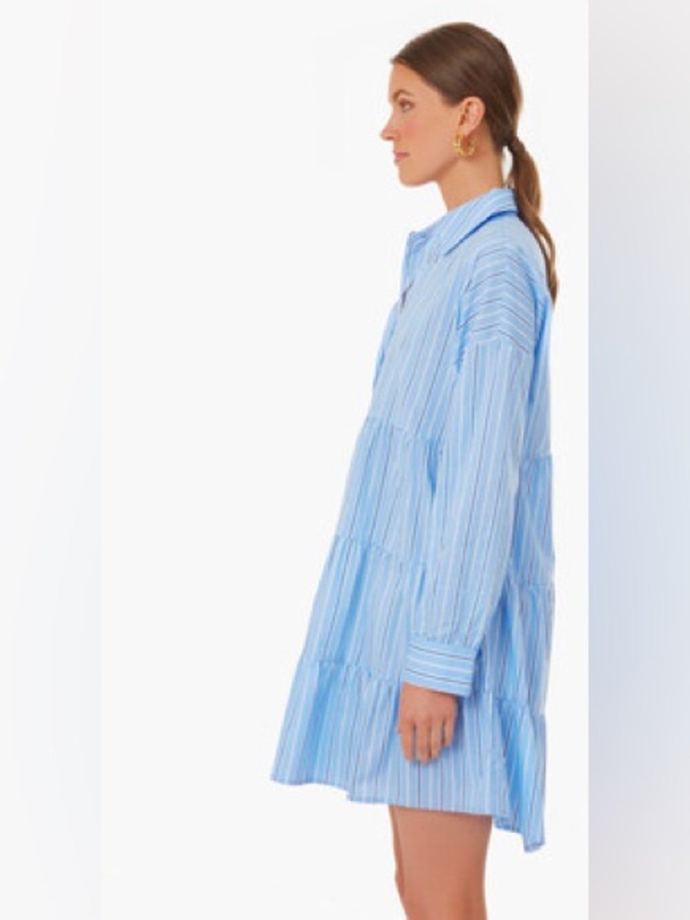 Tuckernuck Pomander Place Shades of Blue Stripe Cara Tiered Shirt Dress LARGE - Picture 7 of 7